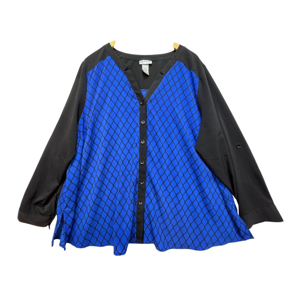Catherines Womens Button Up Tunic Blouse Shirt Sze 2X Blue Colorblock Streetwear